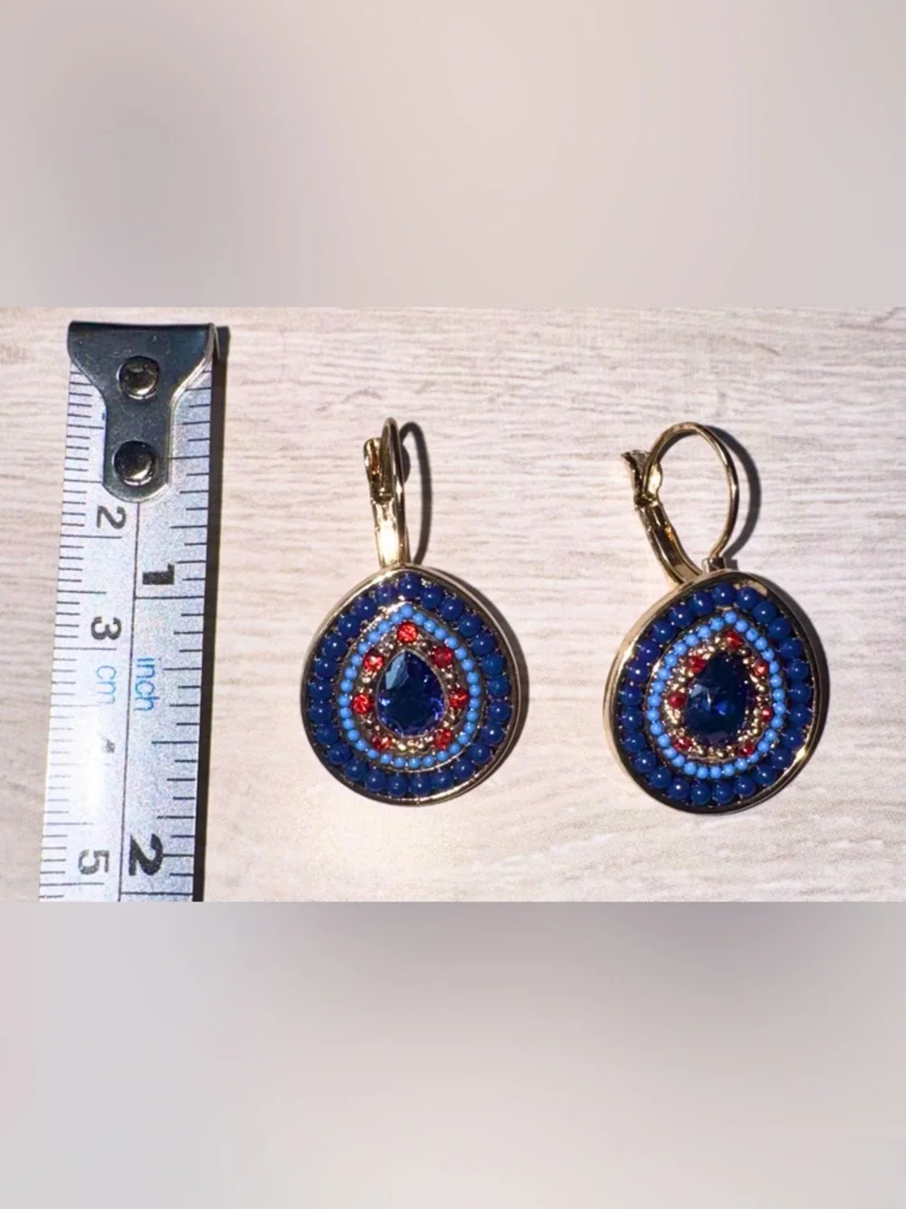 Beaded Gold-Tone Blue & Red Teardrop Crystal Drop Earrings - Picture 4 of 5